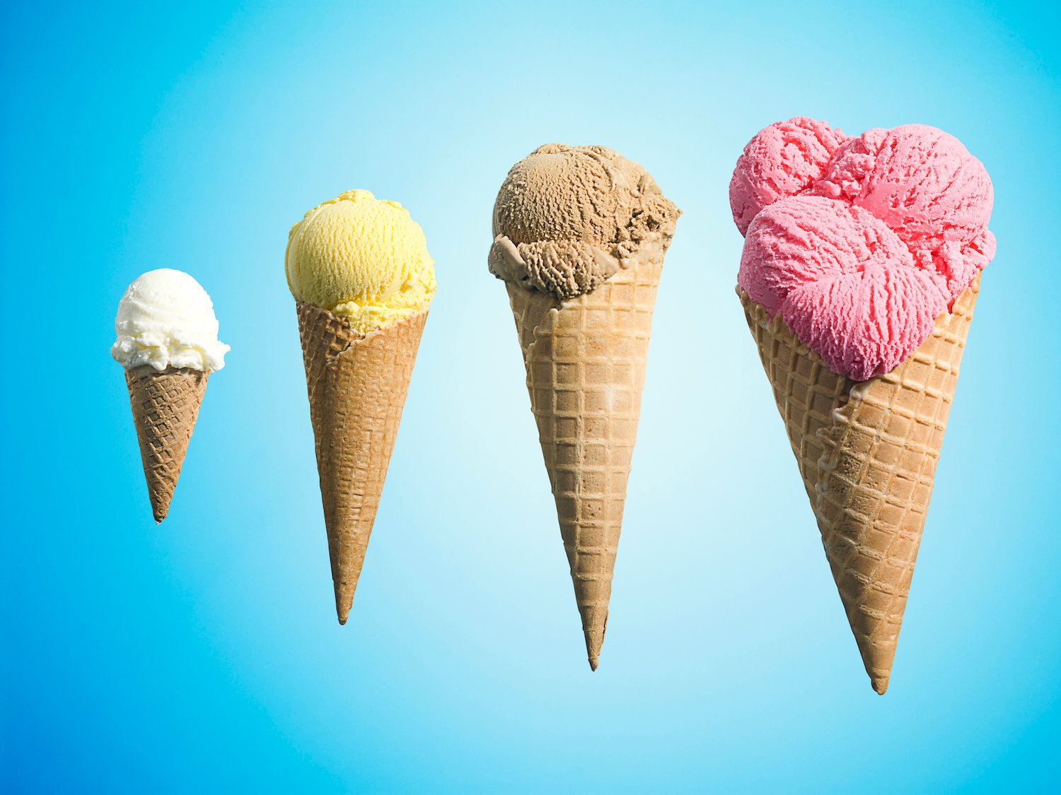 Row of different flavor ice creams in growth