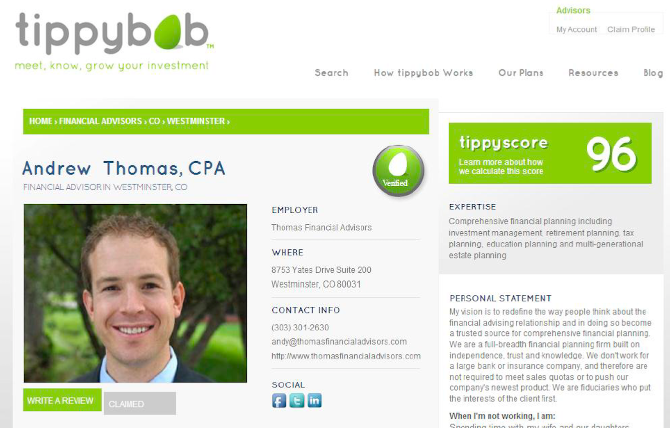 2013 Screenshot of a Financial Advisor Profile at Tippybob, an independent financial advisor platform.