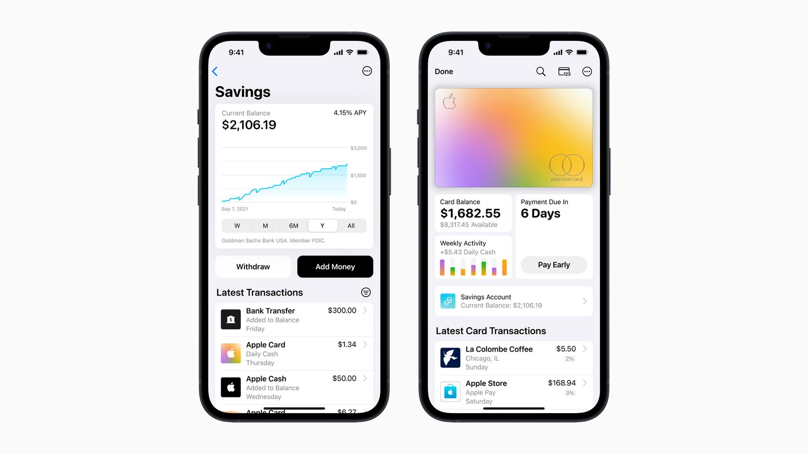 Two screenshots of Apple's Wallet app running on an iPhone and showcasing the Savings account and how you access it from the Apple Card screen