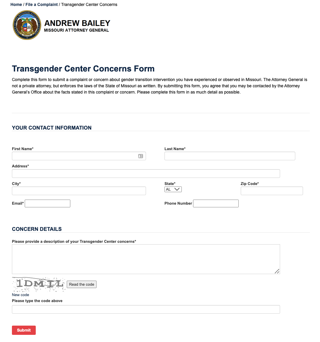 The form asked users to submit complaints and concerns about gender-affirming care.