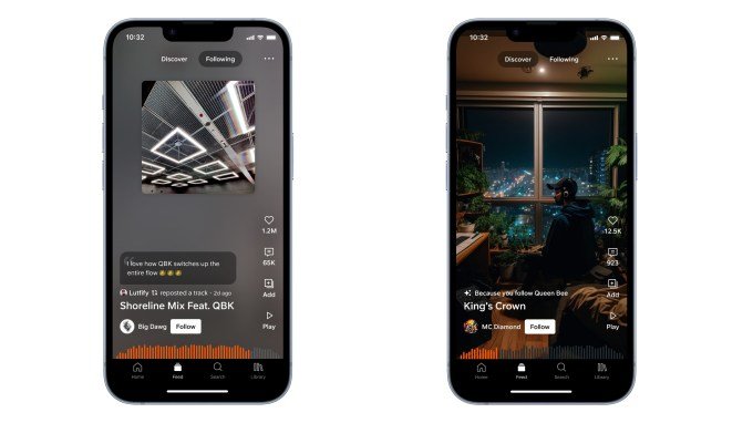 SoundCloud feed on two smartphone screens